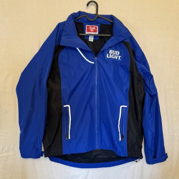 Genuine Budweiser Promotion ~ Bud Light Rain Jacket Windbreaker Hoodie Size XL - Picture 1 of 9